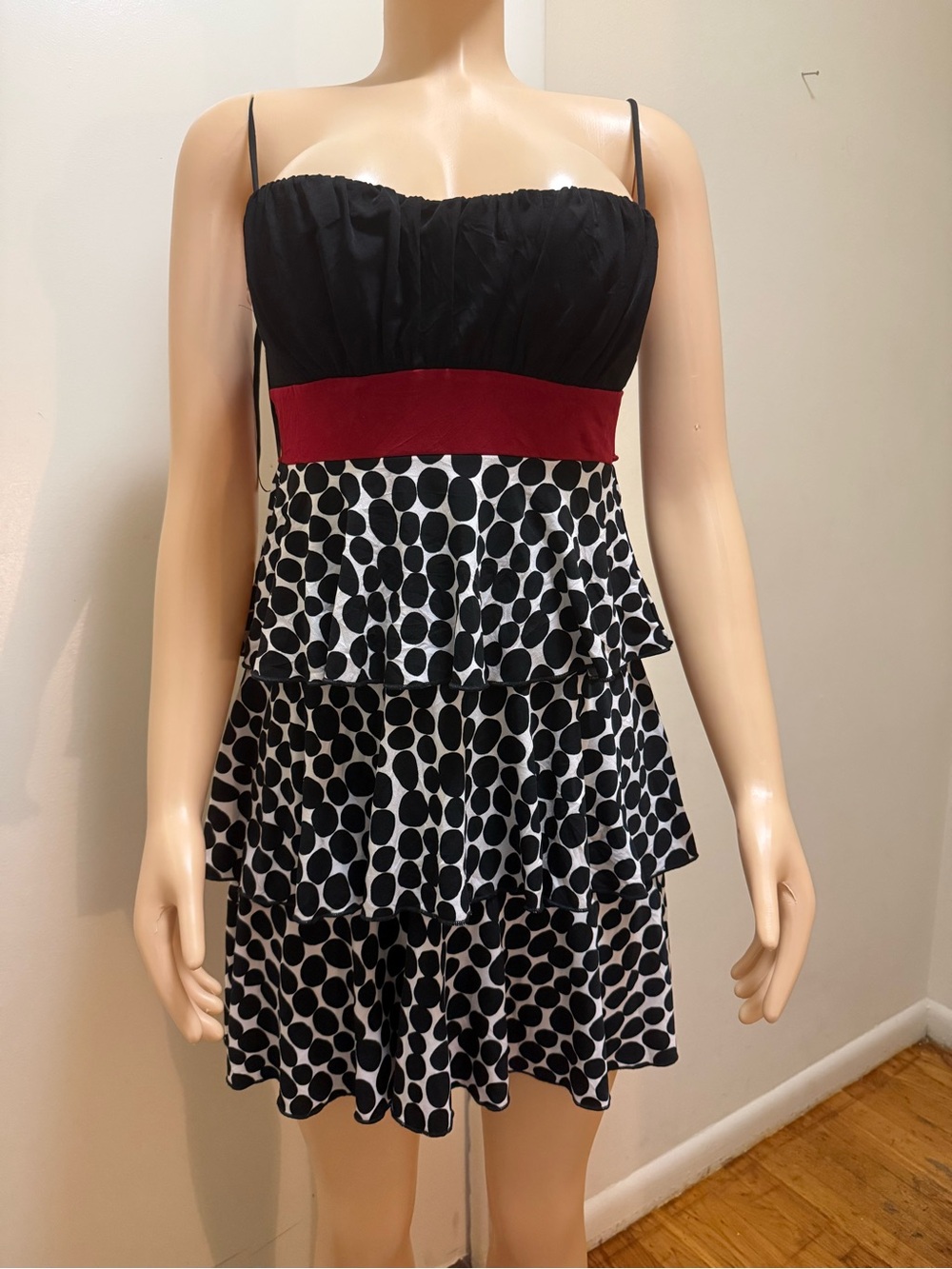 Sweet Storm Black Bodice Red Waistband Polka Dot Tiered Mini Dress
